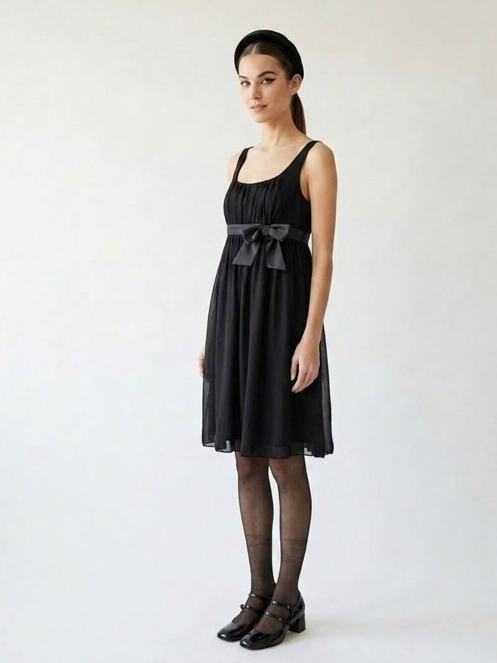 London Times Black Babydoll Dress Satin Bow Empire Waist Size 14
